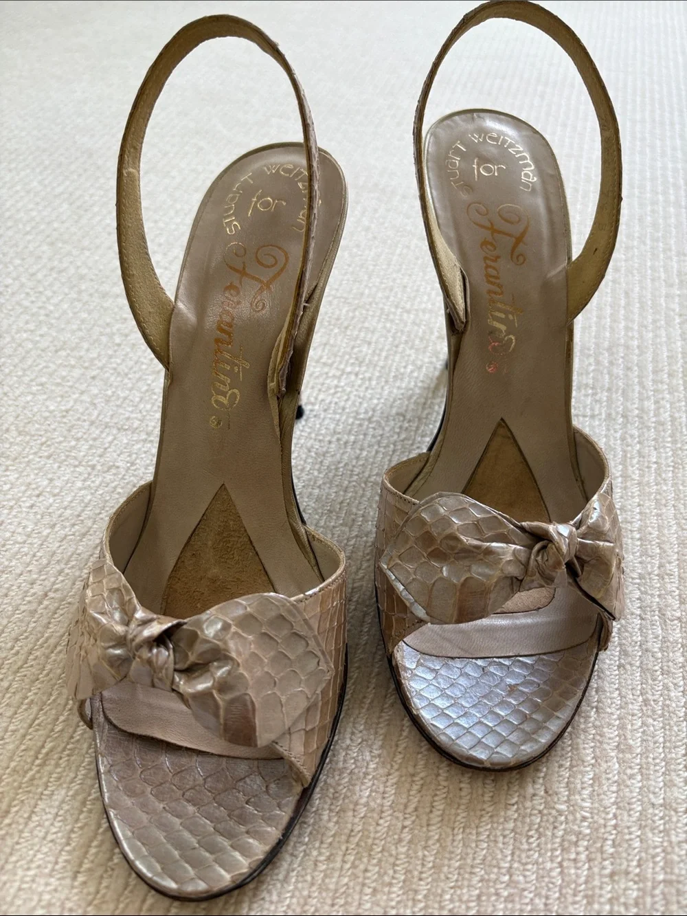 Stuart Weitzman Metallic Taupe Snake-Embossed Slingback Heels